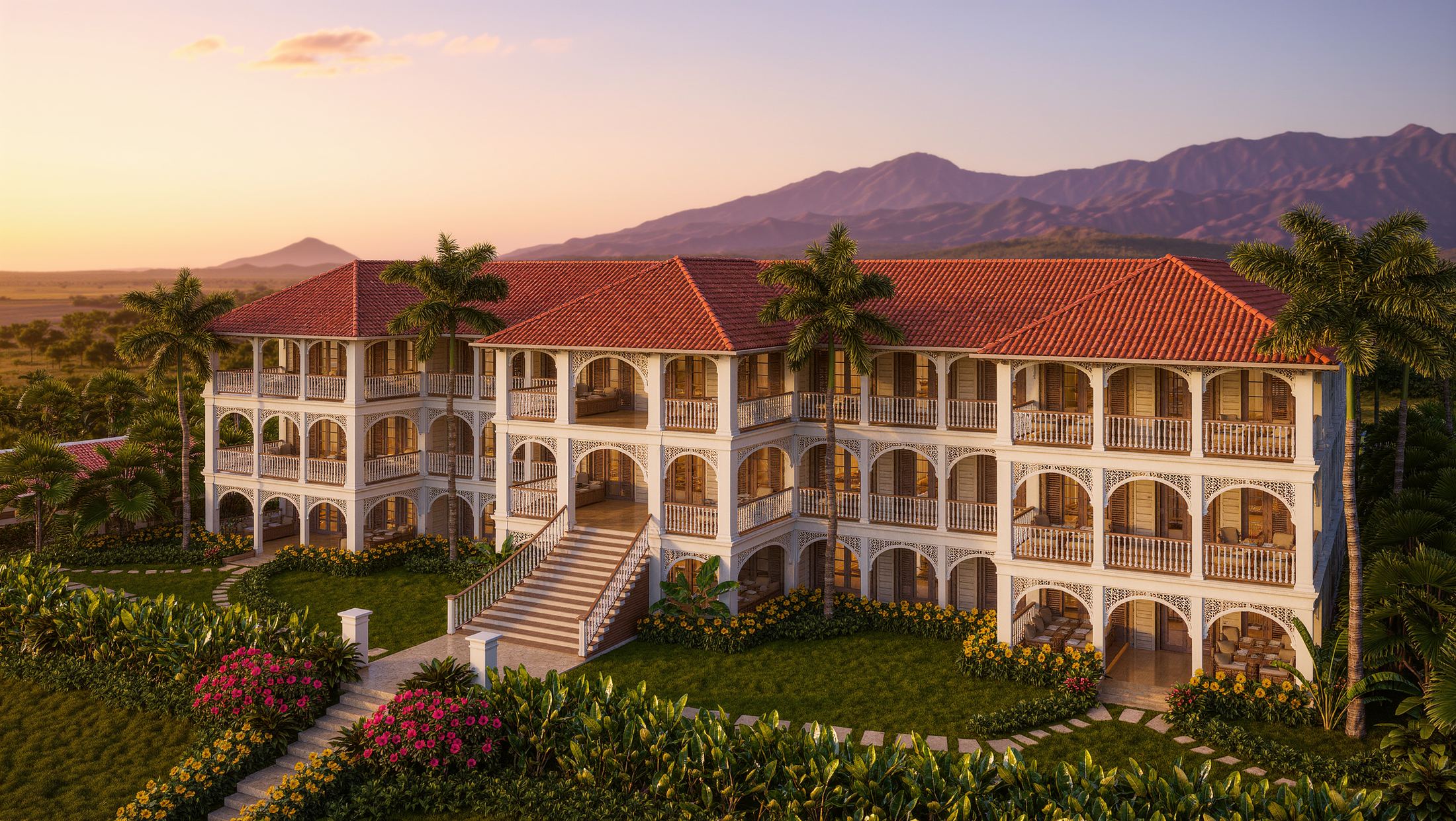 Little Rock Lethem — the galleried wings of the resort at golden hour, savannah and mountains behind (concept render)