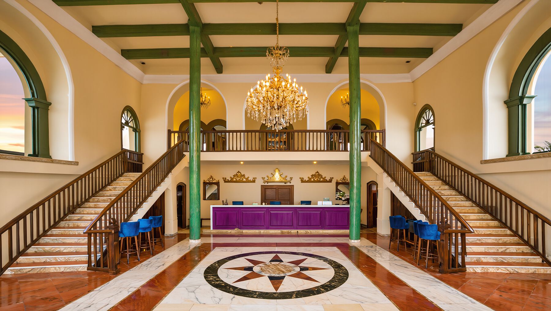 The Grand Lobby: twin stairs, brass chandelier, compass rose in the marble floor (concept render)