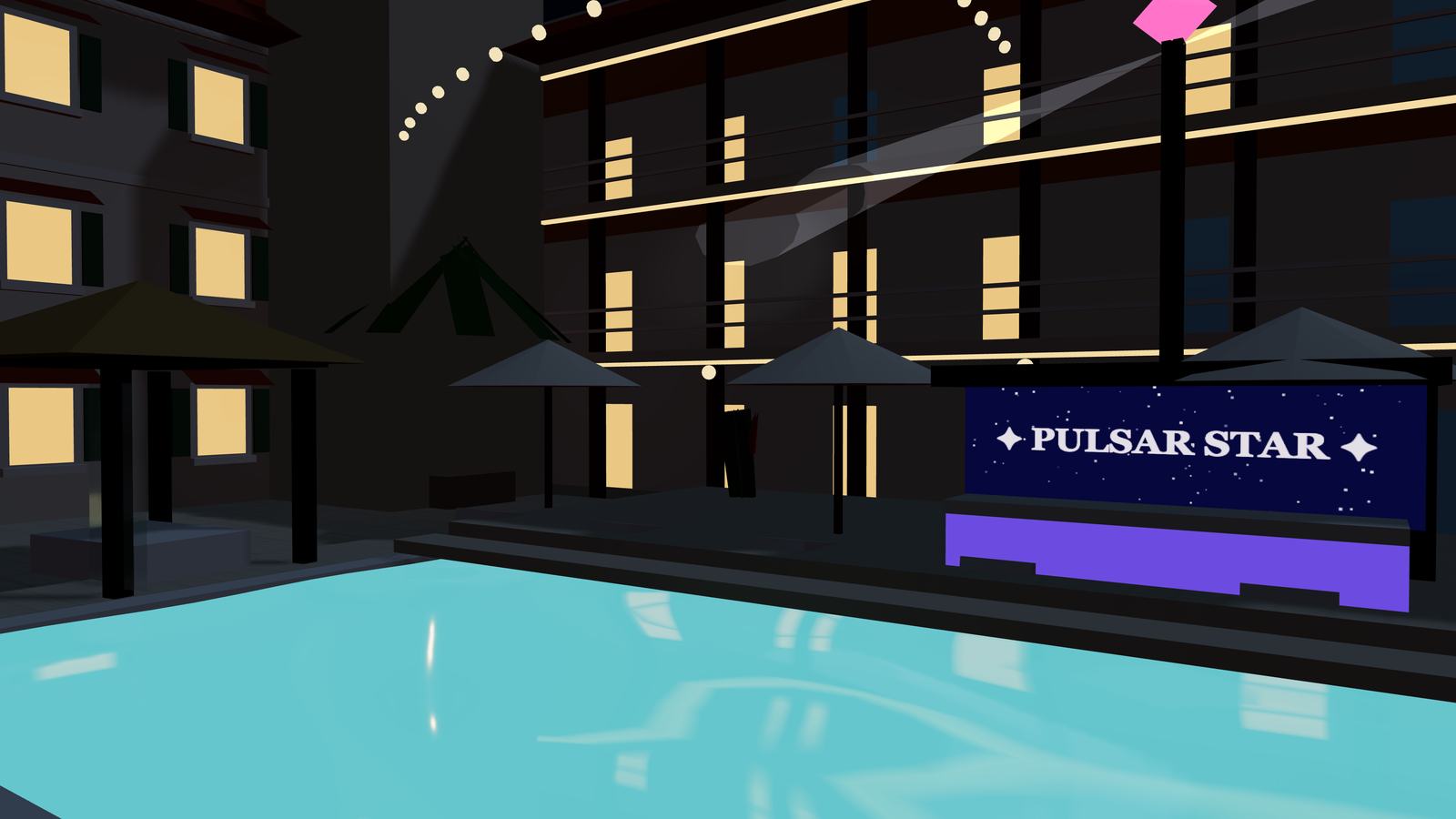 Pulsar Star swim-up bar and its lighthouse beam over the courtyard pool at night — 3D projection