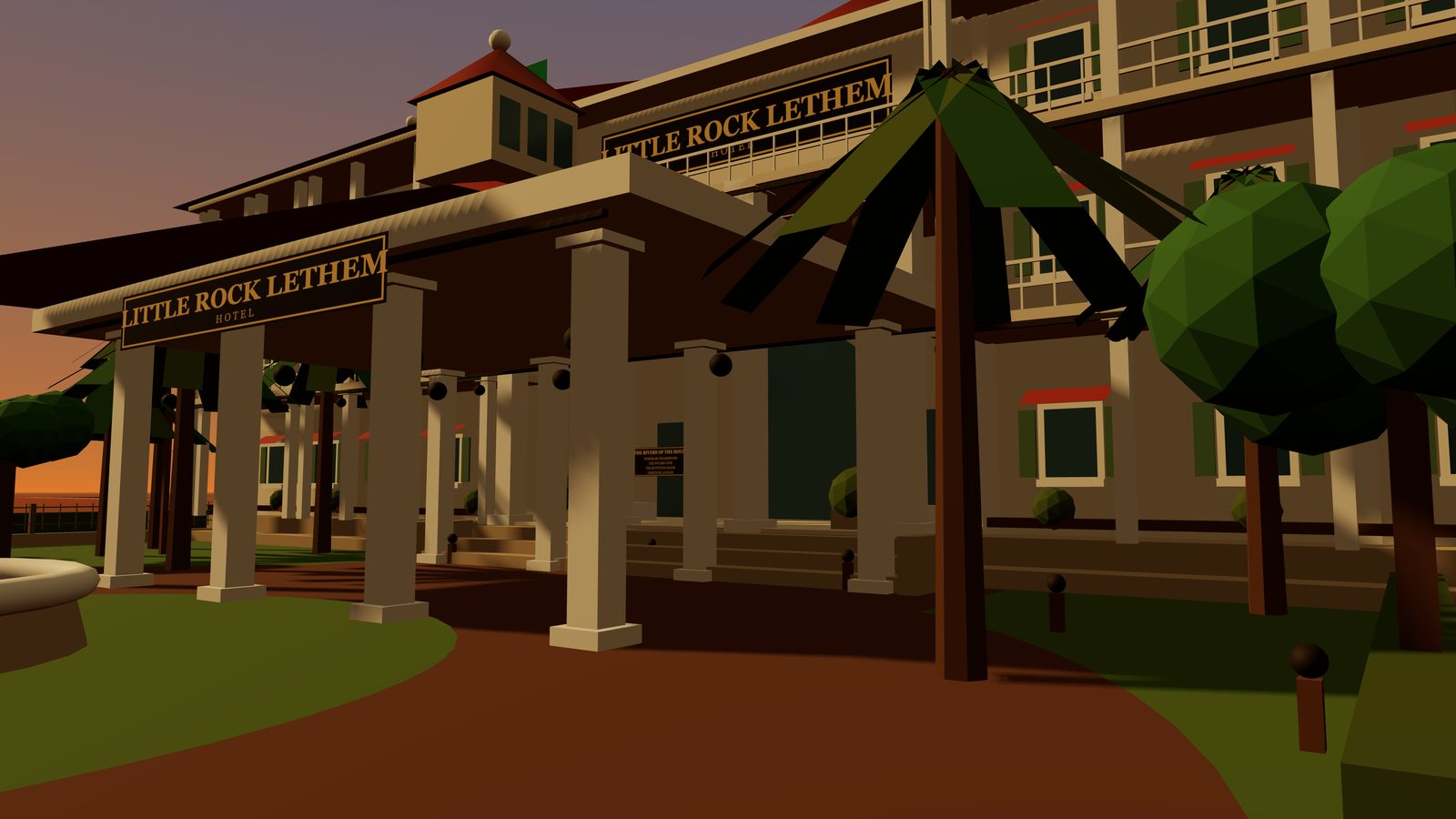 The arrival: the porte-cochère, the STEP and the double-height entrance veranda at golden hour — 3D projection