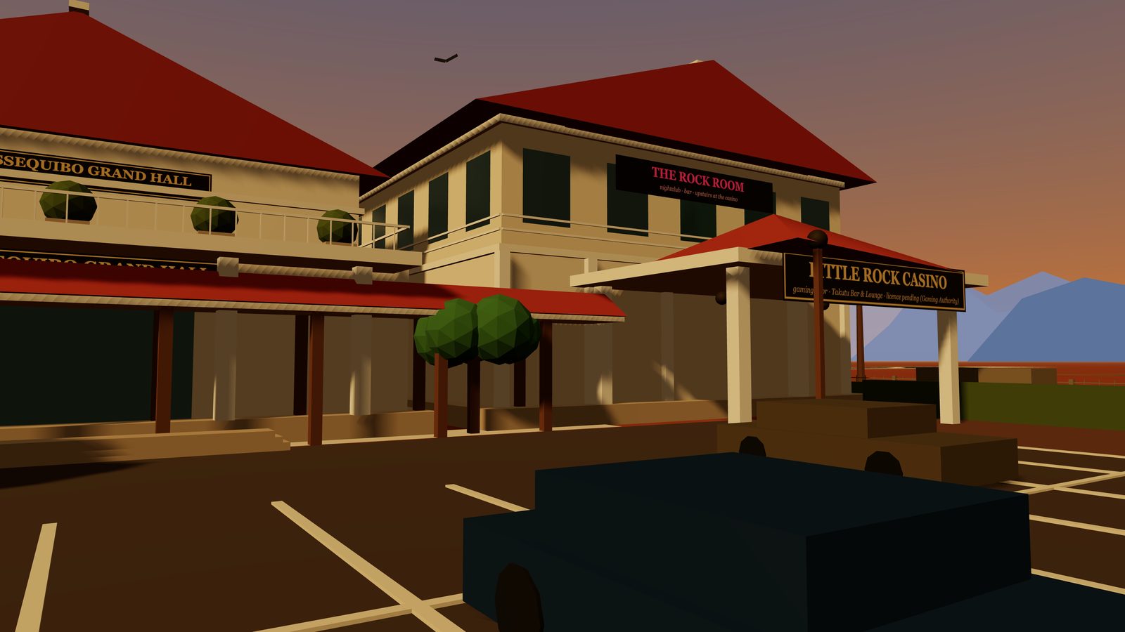 The two-level casino block with its own porte-cochère at golden hour — 3D projection