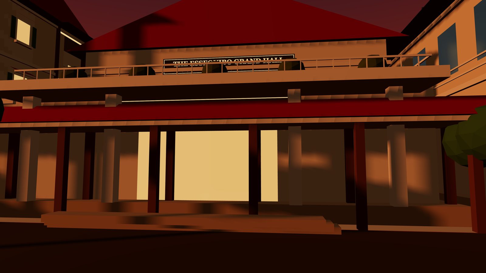 The Essequibo Grand Hall foyer at dusk with the Kaieteur Terrace above — 3D projection